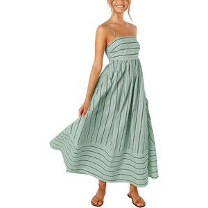 Women's Green Striped Back Smocked Spaghetti Strap Cut Out Maxi Dress